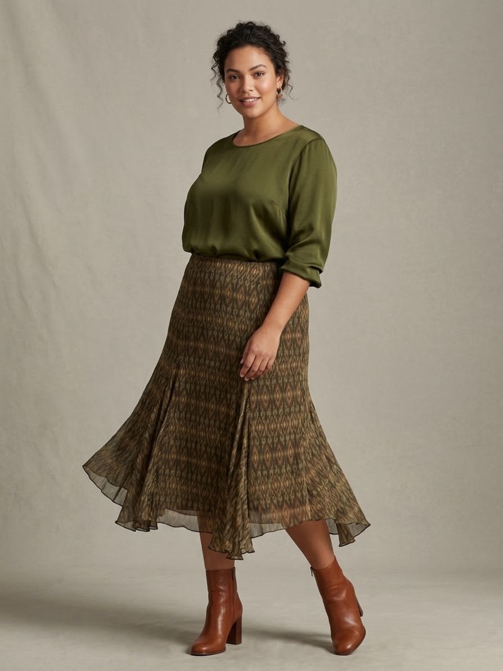 LAUREN Ralph Lauren 100% Silk Ikat Midi Skirt Brown Olive Plus Size 18W